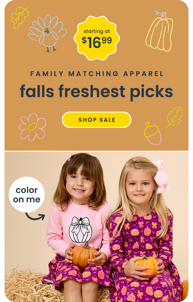"Fall apparel sale banner reading ‘Fall’s Freshest Picks’ with styles starting at $16.99. Features pumpkin-print dresses and a yellow ‘Shop Sale’ button."