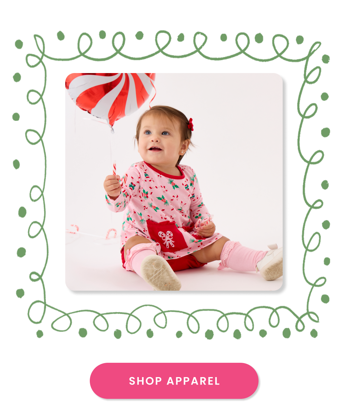 "Holiday apparel shop tile featuring a pink candy cane–print dress with matching knee socks and peppermint balloon decorations. Includes a pink ‘Shop Apparel’ button."
