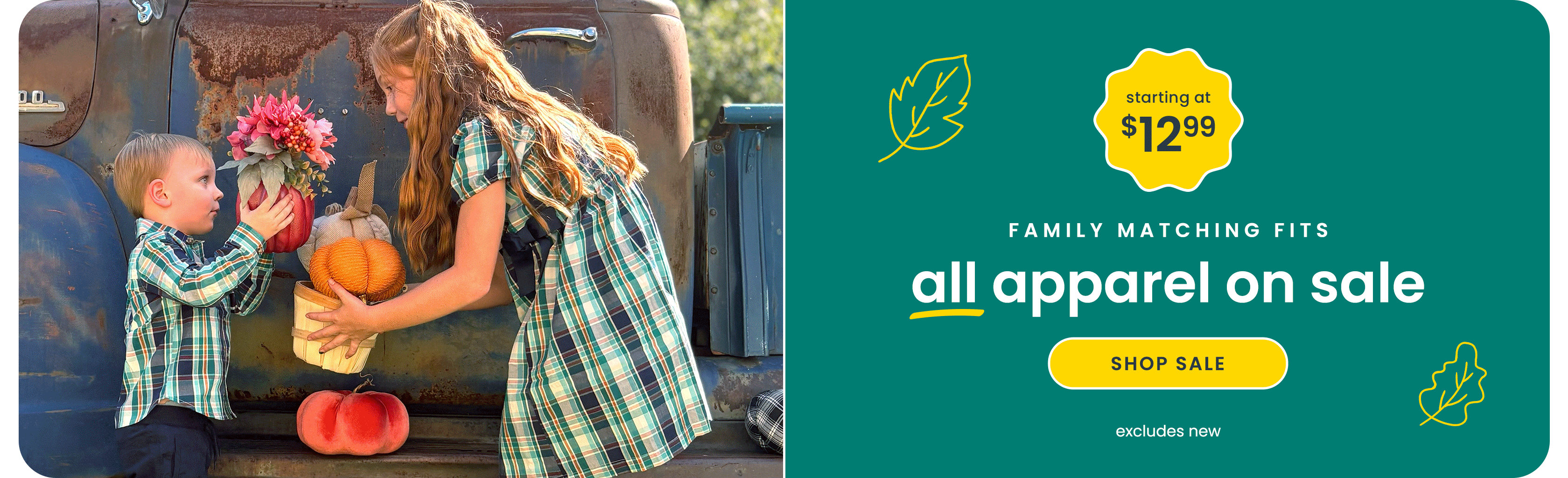 "Fall sale banner featuring coordinating plaid apparel styles. Text reads ‘Family Matching Fits,’ ‘all apparel on sale,’ and ‘starting at $12.99,’ with a yellow ‘Shop Sale’ button."