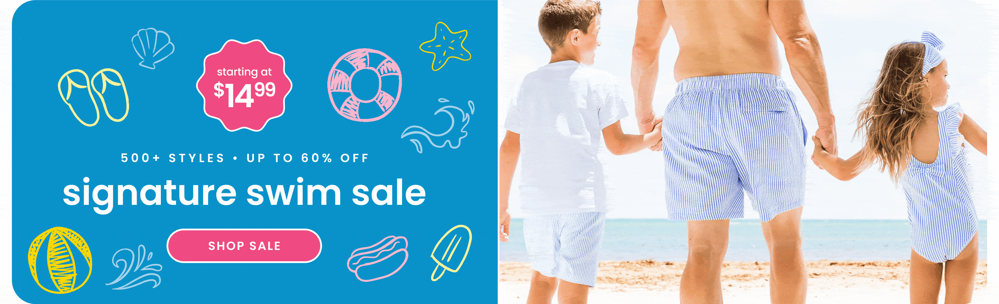 "Blue swim sale banner reading ‘Signature Swim Sale’ and ‘500+ styles, up to 60% off.’ Features coordinating blue seersucker swimwear and a pink ‘Shop Sale’ button."
