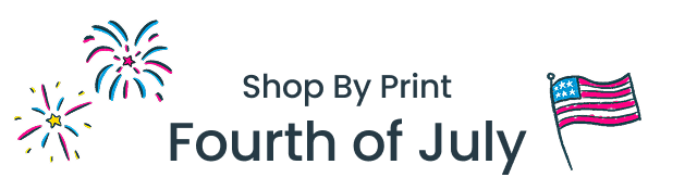 Text reads "Shop by print Fourth of July" with American flag and firework doodles.