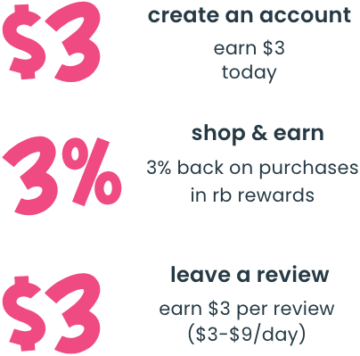 Infographic showing RB Rewards earning steps: earn $3 for creating an account, earn 3% back on purchases, and earn $3 per review ($3–$9 per day). Each step is separated by yellow plus signs.