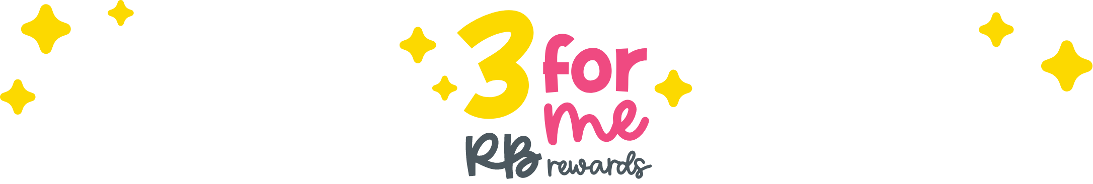 Colorful logo with playful text reading ‘3 for me RB rewards,’ surrounded by sparkling yellow star shapes on a transparent background.