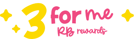 Colorful logo with playful text reading ‘3 for me RB rewards,’ surrounded by sparkling yellow star shapes on a transparent background.
