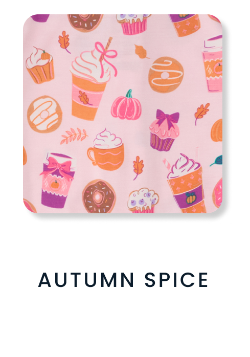 Shop By Print tile featuring a pink autumn-themed pattern with pumpkins, coffee drinks, cupcakes, donuts, bows, and fall leaves. Text reads ‘Autumn Spice.