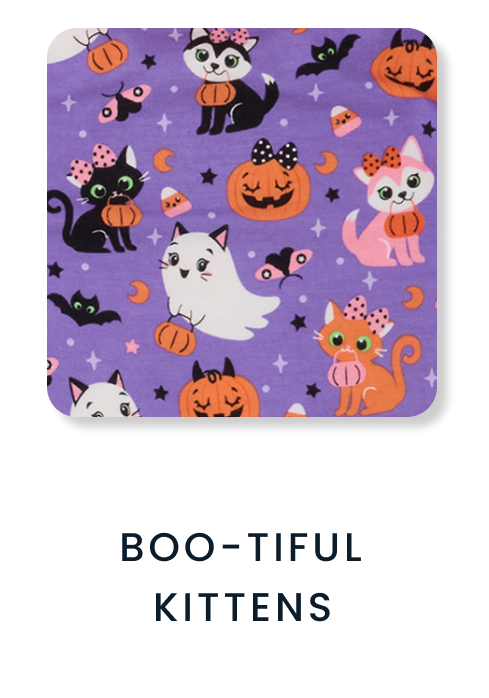 Shop By Print tile featuring a purple Halloween pattern with cats, bats, pumpkins, ghosts, candy corn, and bows. Text reads ‘Boo‑Tiful Kittens.