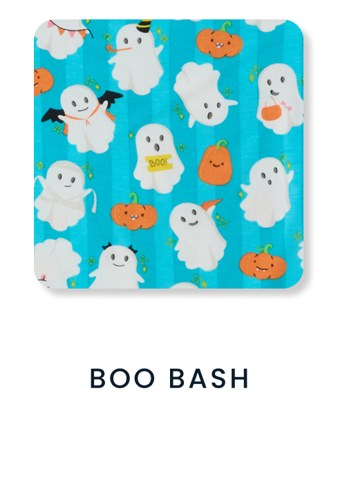 Shop By Print tile featuring a turquoise Halloween pattern with friendly ghosts, pumpkins, and festive accents. Text reads ‘Boo Bash.