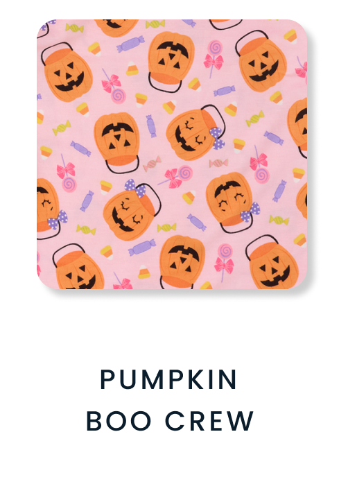 Shop By Print tile featuring a pink Halloween pattern with jack‑o’‑lantern candy buckets, candy corn, wrapped candy, and lollipops. Text reads ‘Pumpkin Boo Crew.
