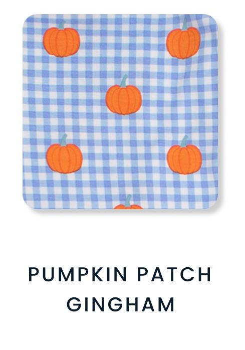 Shop By Print tile featuring a blue gingham pattern with scattered orange pumpkins. Text reads ‘Pumpkin Patch Gingham.