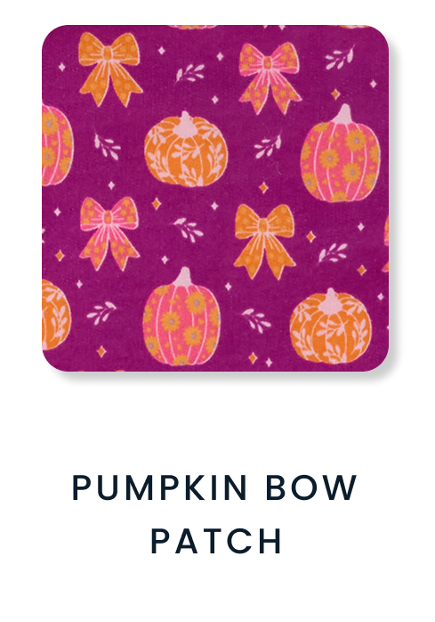 Shop By Print tile featuring a purple pattern with decorative pumpkins, bows, and small floral accents. Text reads ‘Pumpkin Bow Patch.’