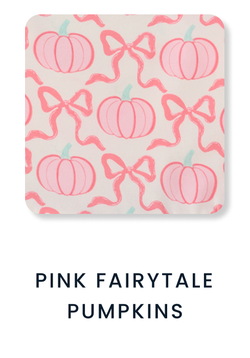Shop By Print tile featuring a white pattern with pink pumpkins and pink bows. Text reads ‘Pink Fairytale Pumpkins.