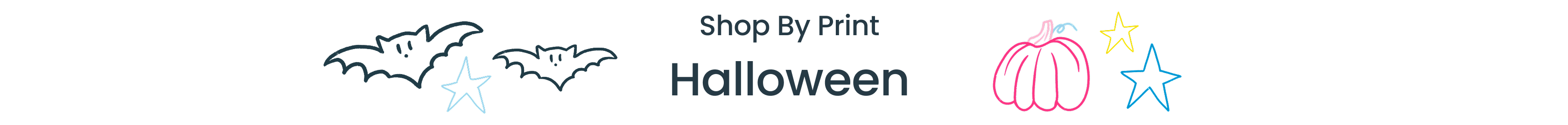 Category banner with bat, pumpkin, and star illustrations. Text reads ‘Shop By Print Halloween.