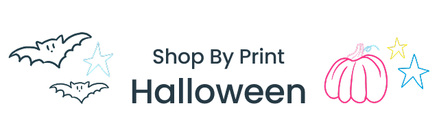 Category banner with bat, pumpkin, and star illustrations. Text reads ‘Shop By Print Halloween.