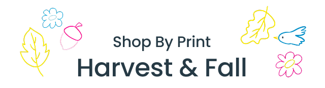 Category banner with leaves, flowers, and bird illustrations. Text reads ‘Shop By Print Harvest.’
