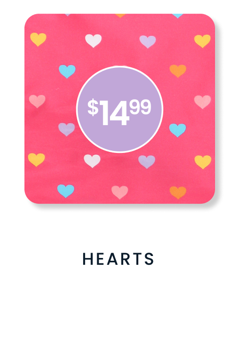 "Pink pattern with colorful hearts in yellow, blue, purple, and white. Price badge reads &lsquo;$14.99.&rsquo; Text below reads &lsquo;Hearts.&rsquo;"