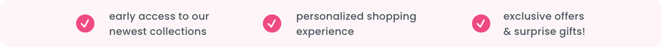 Banner listing RB Rewards member perks with pink check marks: early access to newest collections, personalized shopping experience, and exclusive offers with surprise gifts.