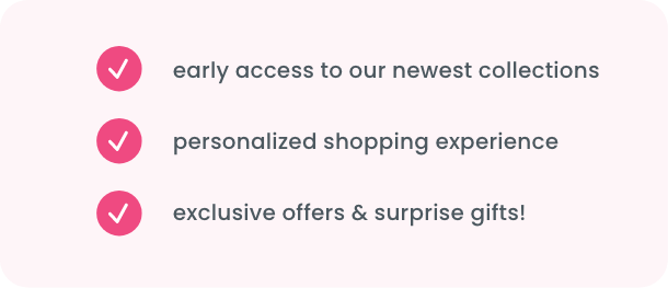 Banner listing RB Rewards member perks with pink check marks: early access to newest collections, personalized shopping experience, and exclusive offers with surprise gifts.