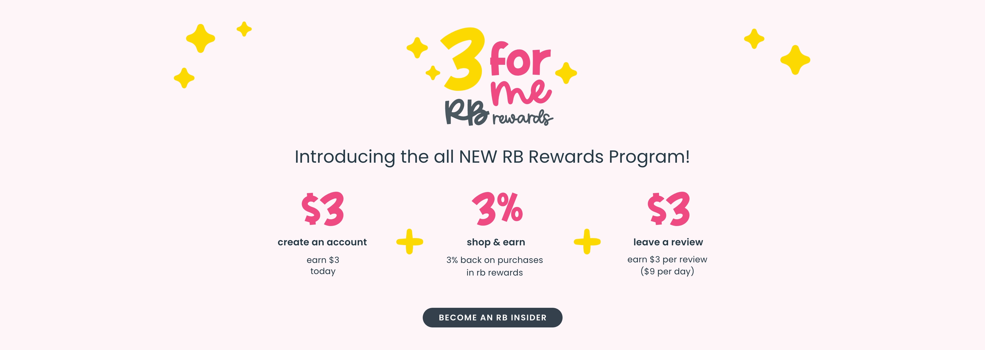 Hero banner for RB Rewards featuring the ‘3 for me’ logo surrounded by yellow sparkles. Text reads ‘Introducing the all NEW RB Rewards Program!’ and lists benefits: earn $3 for creating an account, 3% back on purchases, and $3 per review (up to $9 per day