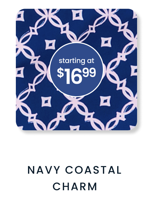 "Navy geometric pattern with light lavender interlocking shapes and diamond motifs. Price badge reads &lsquo;starting at $16.99.&rsquo; Text below reads &lsquo;Navy Coastal Charm.&rsquo;"