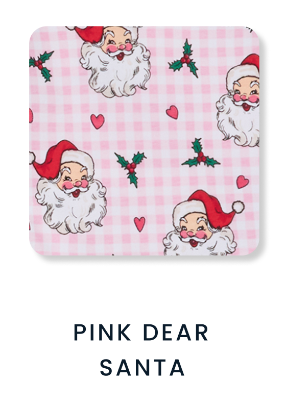 "Light pink gingham pattern featuring Santa faces, holly sprigs, and small pink hearts in a repeating holiday design. Text below reads &lsquo;Pink Dear Santa.&rsquo;"