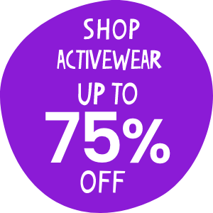 Purple circular graphic with white text that reads 'Shop Activewear Up to 75% Off.' Links to activewear collection.