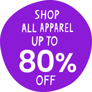 Purple circular graphic with white text that reads 'Shop All Apparel Up to 80% Off.' Links to apparel collection