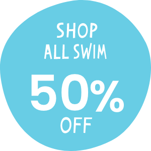 Blue circular graphic with white text that reads 'Shop All Swim 50% Off.' Links to swimwear collection.