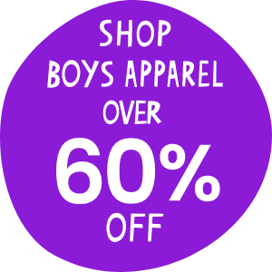 Purple circular graphic with white text that reads 'Shop Boys Apparel Over 60% Off.' Links to boys&rsquo; apparel collection.