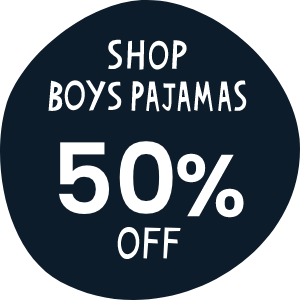 Dark blue circular graphic with white text that reads 'Shop Boys Pajamas 50% Off.' Links to boys&rsquo; pajama collection.