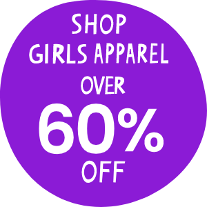 "Purple circular graphic with white text that reads 'Shop Girls Apparel Over 60% Off.' Links to girls&rsquo; apparel collection.