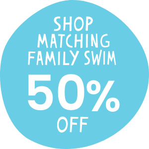 Blue circular graphic with white text that reads 'Shop Matching Family Swim 50% Off.' Links to family swimwear collection.