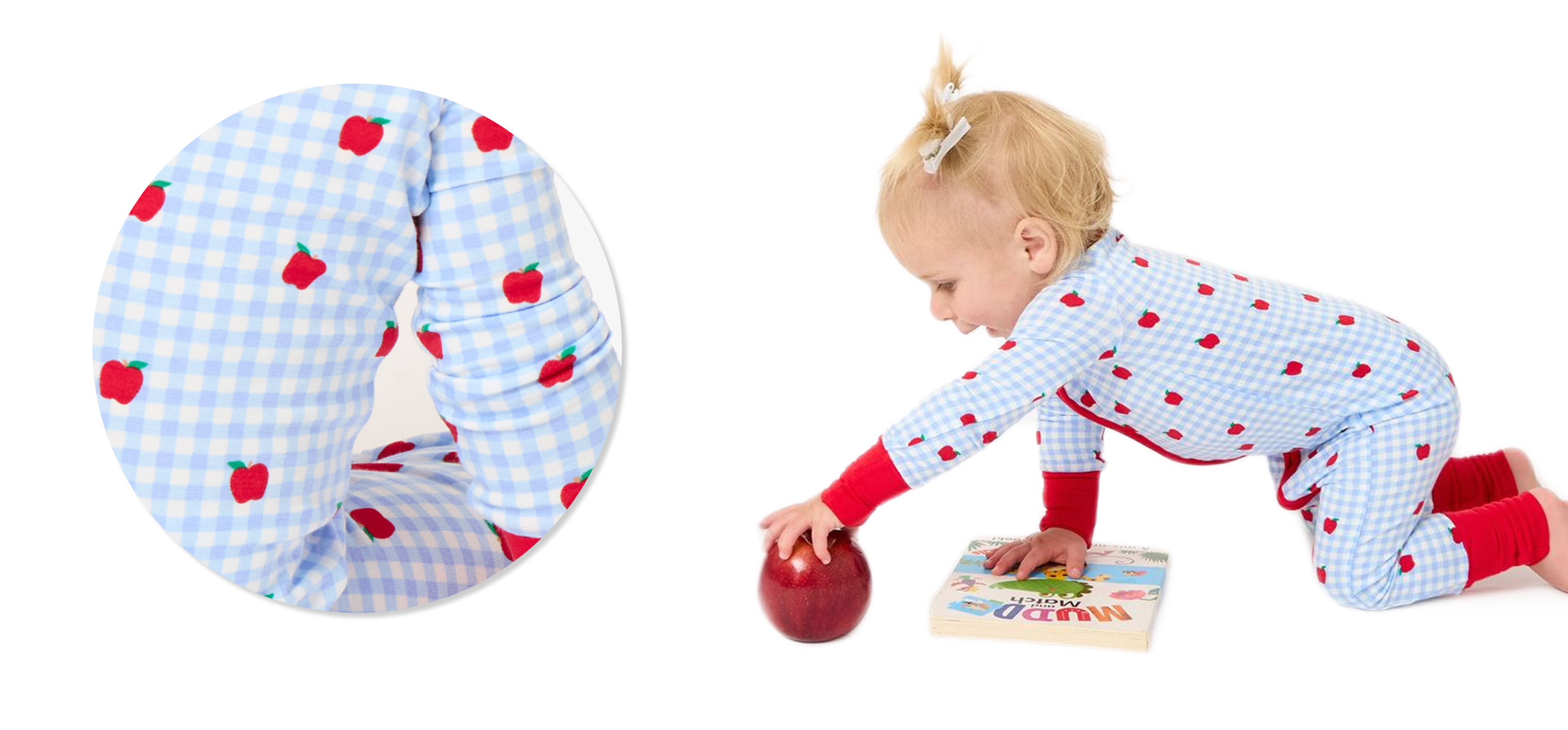 Promotional image showing a baby wearing a blue gingham sleeper with red apple print accents. Close-up inset highlights fabric detail and stretch.