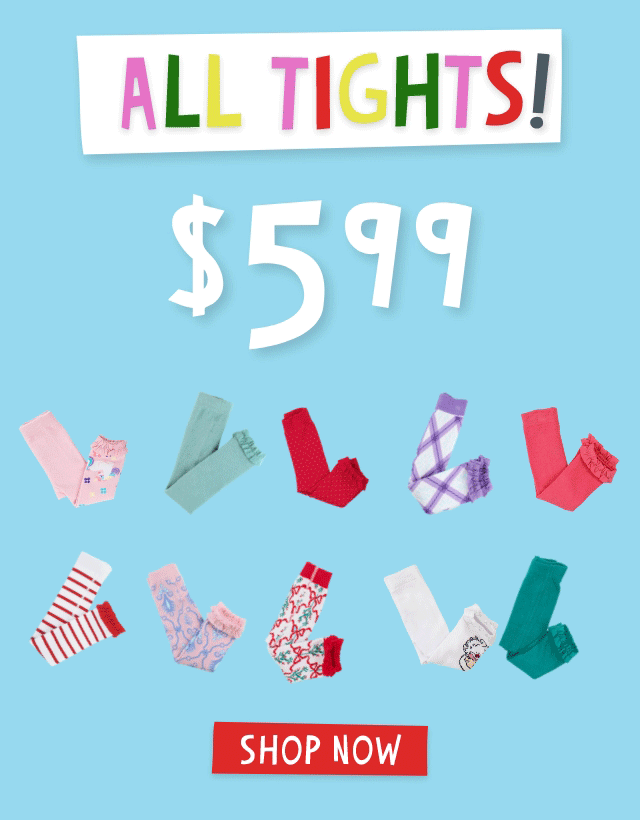 Horizontal banner on a blue background featuring rows of colorful kids&rsquo; tights displayed across the top and bottom. Large white text reads &lsquo;$5.99&rsquo; and multicolored text says &lsquo;All Tights!&rsquo; with a red &lsquo;Shop Now&rsquo; button beside it.