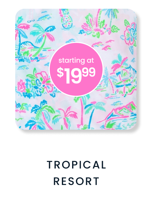 "Pastel tropical pattern with palm trees, flowers, pineapples, and island scenes in pink, blue, and green. Price badge reads &lsquo;starting at $19.99.&rsquo; Text below reads &lsquo;Tropical Resort.&rsquo;"