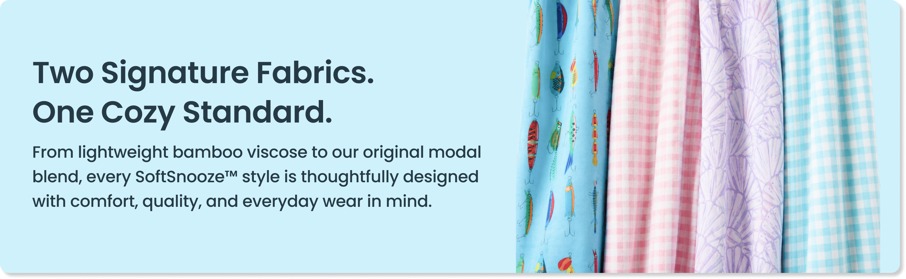Informational graphic featuring SoftSnooze™ fabric prints and text describing two signature fabrics: lightweight bamboo viscose and original modal blend, designed for comfort and quality.