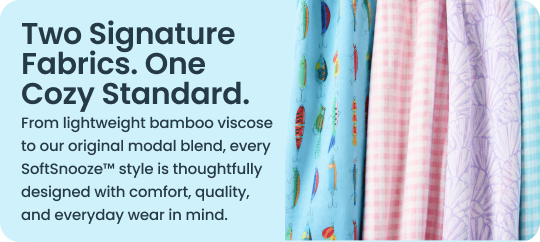 Informational graphic featuring SoftSnooze™ fabric prints and text describing two signature fabrics: lightweight bamboo viscose and original modal blend, designed for comfort and quality.