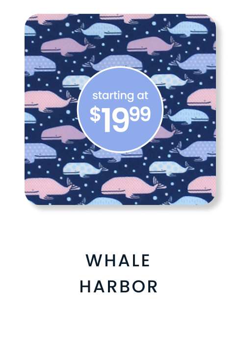 "Navy pattern featuring pastel blue, pink, and lavender whales in a repeating design. Price badge reads &lsquo;starting at $19.99.&rsquo; Text below reads &lsquo;Whale Harbor.&rsquo;"