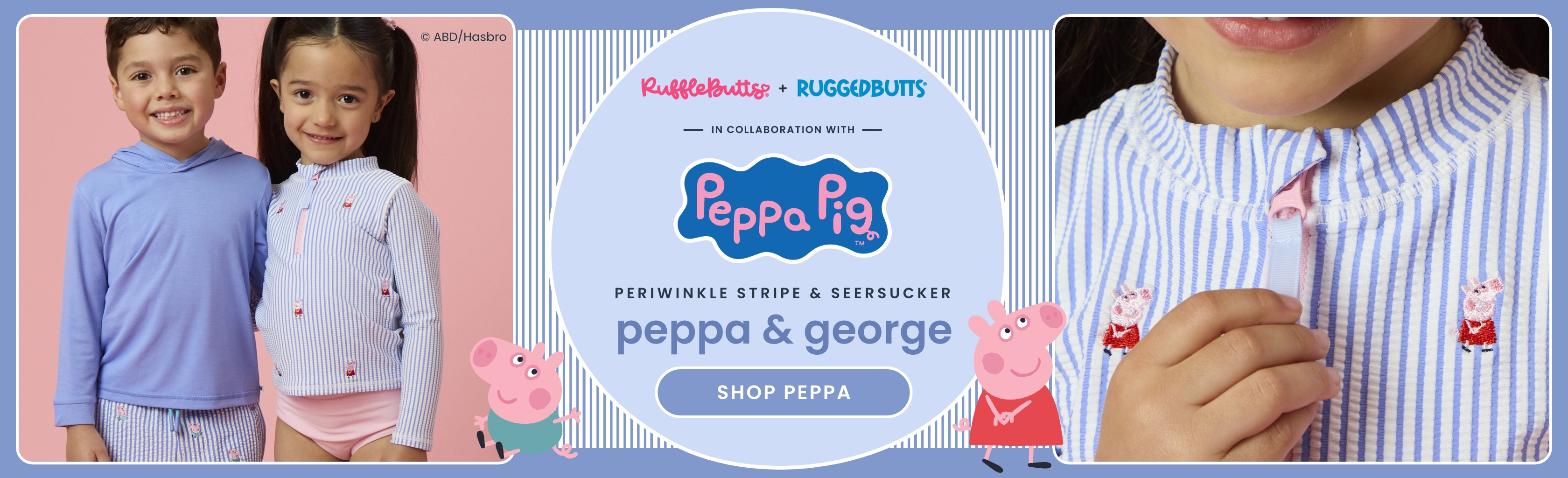 Outdoor poolside scene featuring a family in bright, colorful matching sweetswimwear. The design includes beach-y patterns and in pink gingham. Center text on a blue background reads ‘Matching Swim –sweet seaside’ with a 