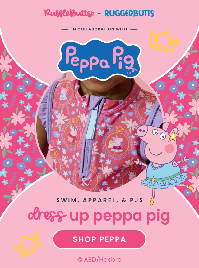 Outdoor poolside scene featuring a family in bright, colorful matching sweetswimwear. The design includes beach-y patterns and in pink gingham. Center text on a blue background reads ‘Matching Swim –sweet seaside’ with a 