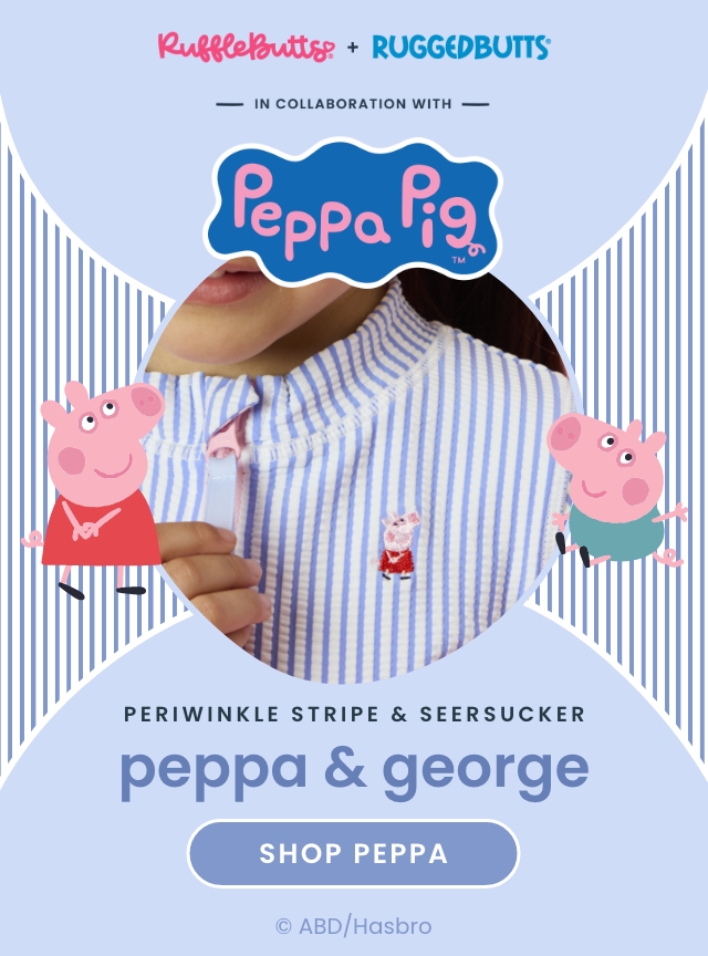 Outdoor poolside scene featuring a family in bright, colorful matching sweetswimwear. The design includes beach-y patterns and in pink gingham. Center text on a blue background reads ‘Matching Swim –sweet seaside’ with a 