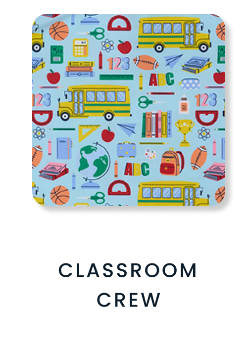 "Pattern featuring classroom icons including yellow school buses, books, apples, globe, ruler, scissors, and ABC letters on a light blue background."