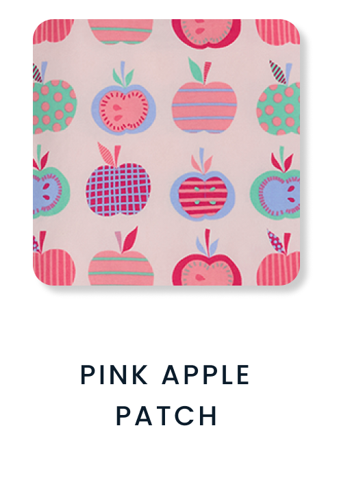 "Seamless pattern featuring stylized apples in pink, red, teal, and coral on a light background with stripes, polka dots, and grid designs."