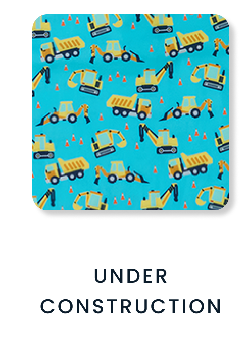"Pattern featuring yellow construction trucks across a bright blue background."