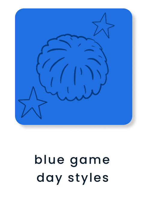 "Blue tile featuring a pom-pom and star illustrations. Text below reads &lsquo;blue game day styles.&rsquo;"