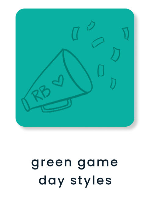 "Green tile featuring a megaphone and confetti illustrations. Text below reads &lsquo;green game day styles.&rsquo;"
