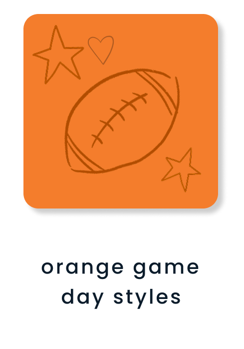 "Orange tile featuring a football with star and heart illustrations. Text below reads &lsquo;orange game day styles.&rsquo;"