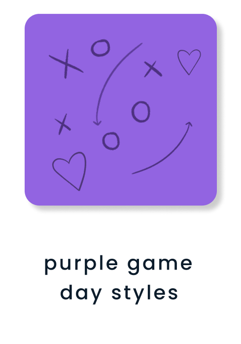 "Purple tile featuring playbook-style X and O graphics with heart illustrations. Text below reads &lsquo;purple game day styles.&rsquo;"