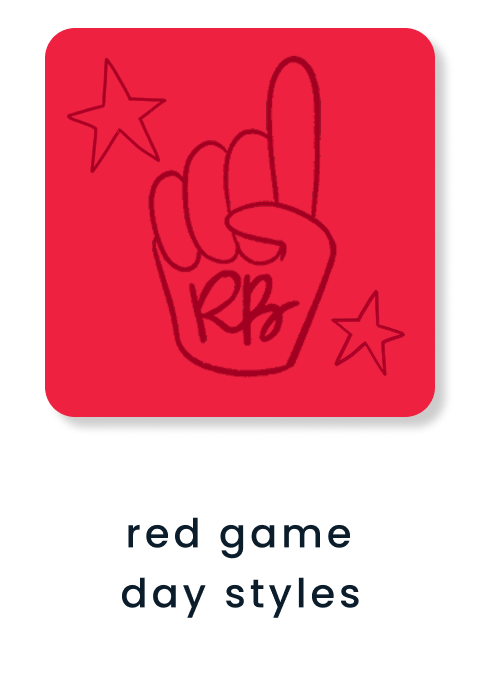"Red tile featuring a foam finger and star illustrations. Text below reads &lsquo;red game day styles.&rsquo;"