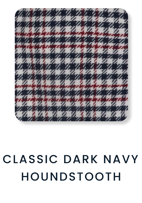 Shop By Print tile featuring a navy, white, and red houndstooth plaid pattern. Text reads ‘Classic Dark Navy Houndstooth.
