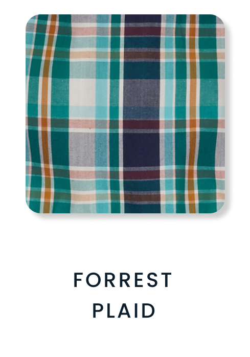 Shop By Print tile featuring a plaid pattern in teal, navy, white, tan, and blush tones. Text reads ‘Forrest Plaid.